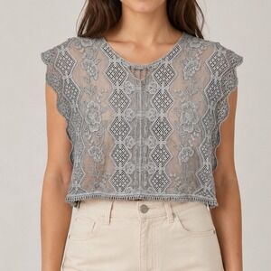 Pol Floral Lace Crochet Crop Top Gray silver Blue Boho Indie S/M Festival sheer